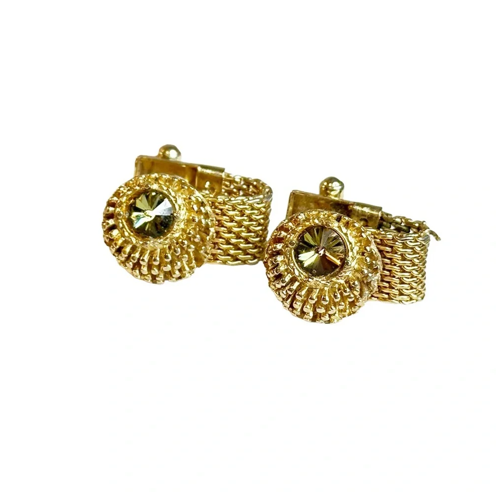 Vintage Retro Men's Gold Tone Green Rivoli Stone Chain Mesh Cuff Links